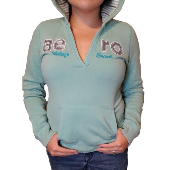 Aeropostale Tops - Aeropostale Aqua Blue Gray White V-Neck Sweatshirt Hoodie - Size Medium
